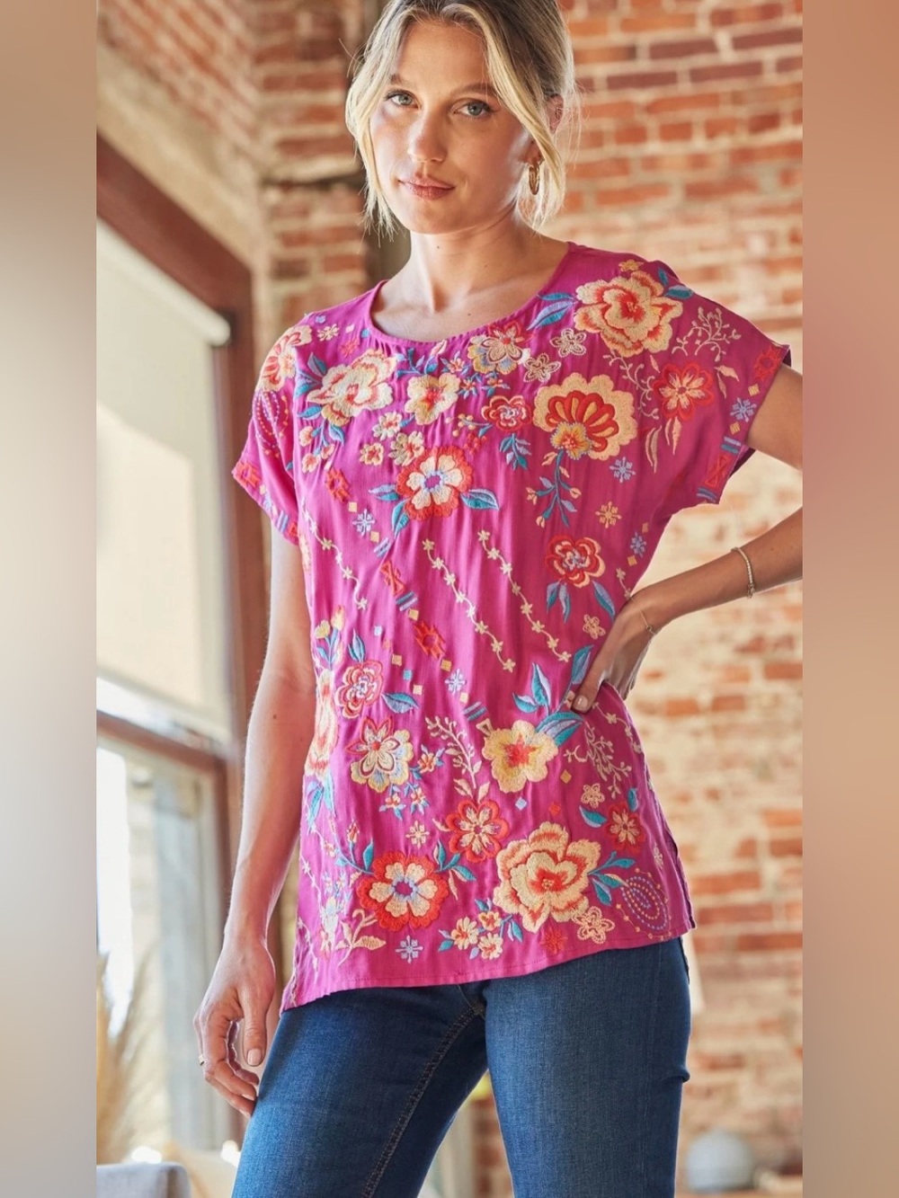 Savanna Jane Hot Pink Floral Embroidered Short Sleeve Top